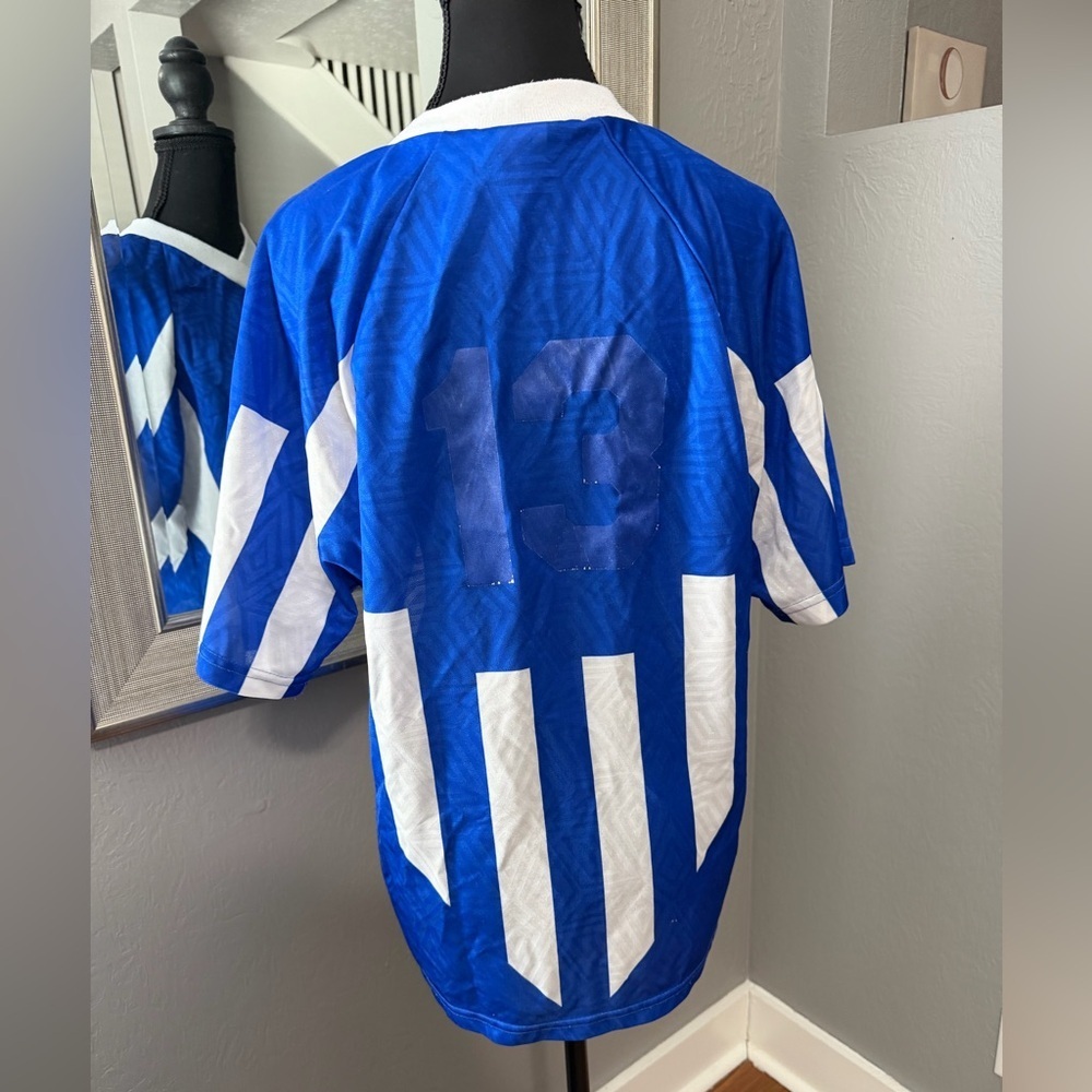 VTG 90s Umbro blue and white striped soccer jersey #13 Small. - Picture 5 of 9